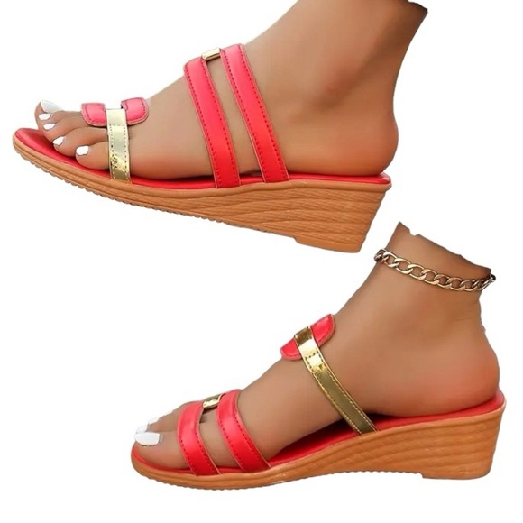 Shoes - Women’s Two Tone Red and Gold Wedge Slip in Sandals 8